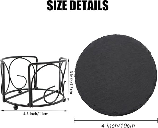 8 PCS Round Slate Drink Coasters Set, SIJDIEE 4 Inch Laser Engraving Black Slate Stone Coasters with Anti-Scratch Bottom and Coaster Holder for Office Bar Kitchen Home Dinner Table Decor Supplies
