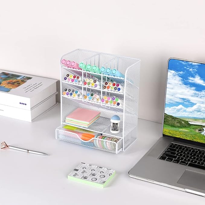 Spacrea Pen Holder Desk Organizer - Desk Organizers and Accessories, Pencil Holder with 10 Compartments and 1 Drawer(White)