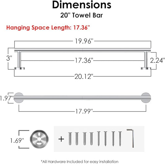 FORIOUS Towel Bar Wall Mounted, Stainless Steel Towel Racks for Bathroom, Includes Wall Mounting Hardware (Chrome, 20 Inch)