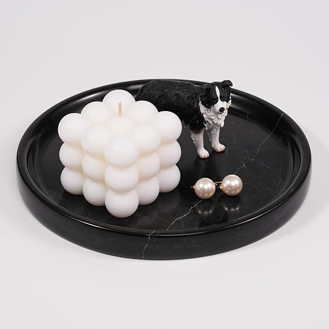 LWALMS Marble Perfume Jewelry Tray - Stone Trinket Ring Key Purse Holder Dish, Round Plate Decorative Bowl for Nightstand Entryway Coffee Table Decor (7.9 inch)
