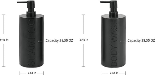 2-Pack Matte Black Resin Refillable Shampoo & Body Wash Bottles – Modern Bathroom Pump Dispenser Set, Durable Resin Shower Containers with Embossed Labels, Reusable Pump Bottle