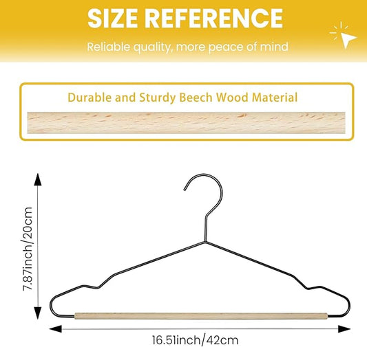 Jiang&Rong 20 Pack Black Wire Hangers, Suit Hangers with Smooth Beech Wood Pants Bar, Heavy Duty Metal Hanger for Closet, Dress, Pants, Sweater, Jacket