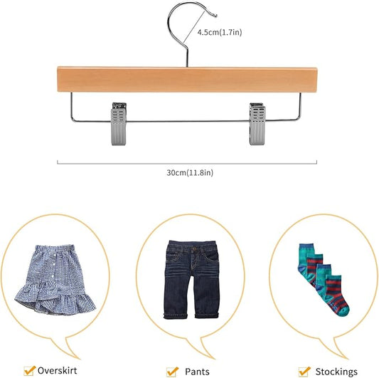 Nature Smile Kids Solid Wooden Pants Hangers,Baby Toddler Children Wood Skirts Hangers,Trousers Bottom 11.8 inches Hangers with 2-Adjustable Clips Anti-Rust Hook Pack of 20 (Natural)