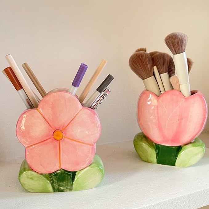 Flower Desk Pen Holder Blue Desk Accessories for Desk Aesthetic Cute Toothbrush Makeup Pencil Holders Office Home Decor Birthday Gifts for Women Vanity Kawaii Kitchen Utensil Holders