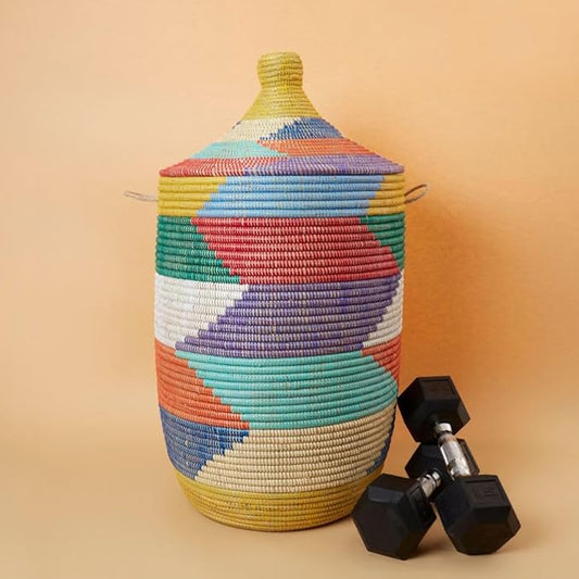 Tall Large Decorative Wicker Storage Basket with Lid, Laundry Hamper, Blanket Storage, Toys Bin, Clothes Holder, Boho Style (Colorful)