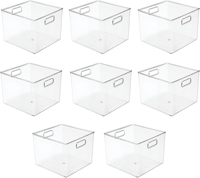 mDesign Plastic Deep Home Storage Organizer Basket Bin with Handles for Cube Furniture Shelving in Office, Closet, Bedroom, Laundry Room, Nursery, Kids Toy Room Shelf - Ligne Collection, 8 Pack, Clear