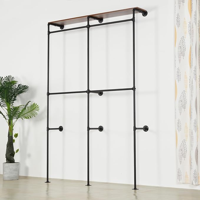 Garment Rack Heavy Duty Racks, Modern Simple Industrial Pipe Double Hanging Rods Clothing with Shelves, Freestanding Portable Wardrobe Closet Rack for Hanging Clothes, 93in Black