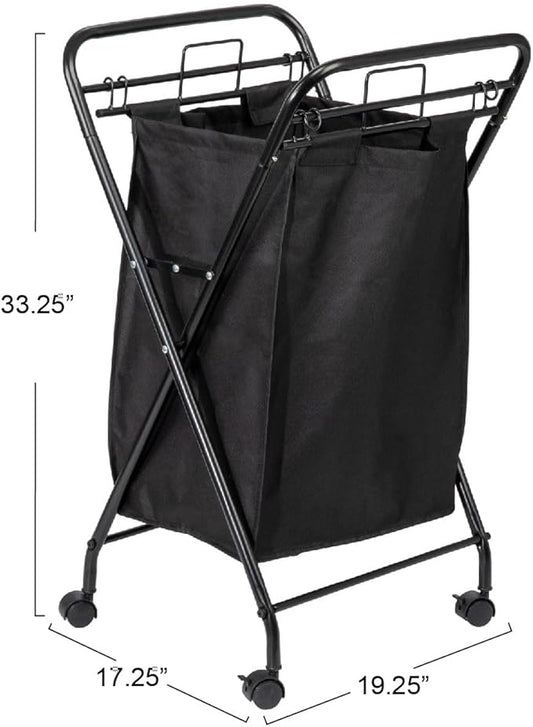 Household Essentials Rolling Laundry Hamper, Heavy Duty Canvas Bag, 2 Load Capacity, Foldable Frame, Black Bag with Velcro Fasteners, Black