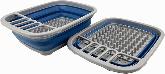 SAMMART 8 litres (2.11Gallons) Collapsible Plastic Dish Drainer - Foldable Drying Rack - Portable Dinnerware Organizer - Space Saving Kitchen Storage Tray (Grey/Mist Blue (Set of 2))