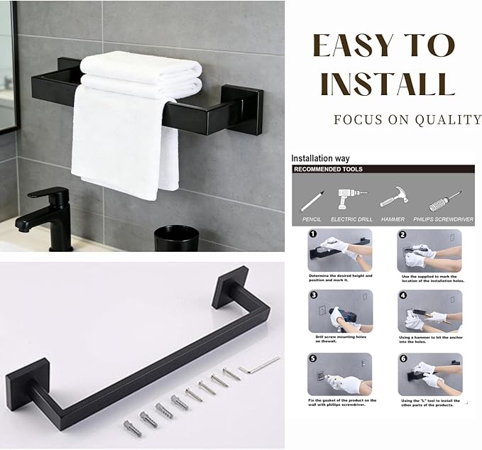 10 Pieces Bathroom Accessories Towel Bar SUS304 Stainless Steel Matte Black Towel Holder Wall Mounted Heavy Duty Towel Rack Bathroom Towel Rod Modern Square Base Design(10, Matte Black, 16 Inch)