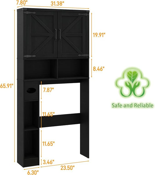 Vabches Over The Toilet Storage Cabinet, Farmhouse Storage Cabinet Over Toilet with 2 Barn Doors && Toilet Paper Holder Stand,Home Space-Saving Toilet Rack, for Laundry, Restroom, Bathroom.Pure Black
