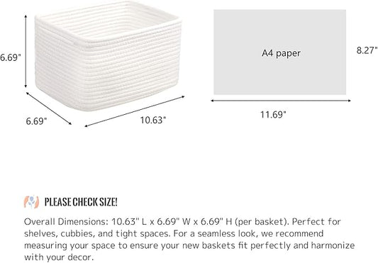 Small Cotton Rope Basket – Storage Bin for Organizing (10.6" x 6.7" x 6.7"), Bathroom Storage Basket for Shelf, Counter & Closet(White)