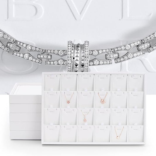 White Jewelry Display Organizer Tray Stackable Premium PU Leather 24 Grid Trinket Earring Ring Organizer Tray