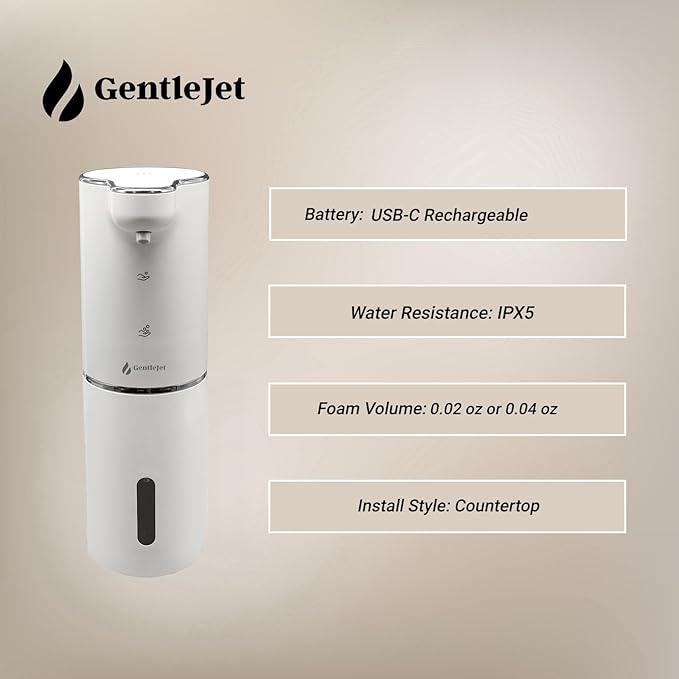 GentleJet JetFoam Automatic Foam Soap Dispenser - Touchless Electric Soap Dispenser, USB-C Rechargeable, Adjustable Foam Levels, 10 oz Countertop Hands-Free Soap Pump for Bathroom & Kitchen (White)