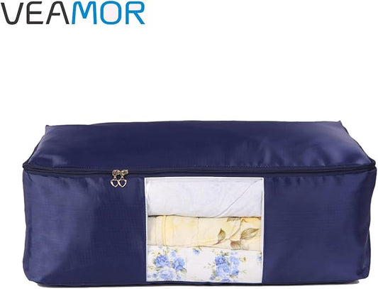 Blanket Storage Bags Pillow Bedspread Bedding Clothes Organizer Storage Containers With Zippers Breathable and Moistureproof. (Navy blue 2pcs, L)