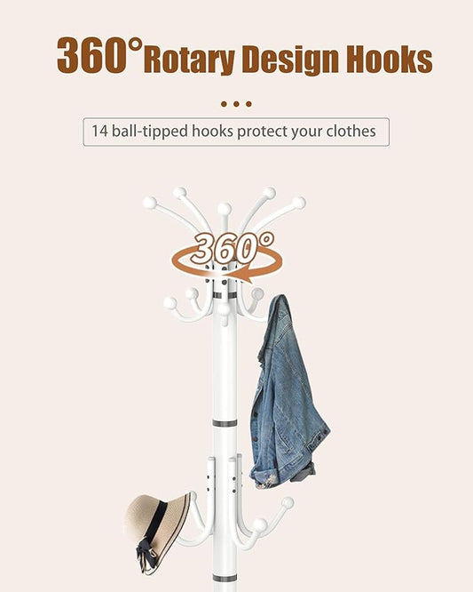 Metal Coat Rack Stand with Natural Marble Base, Modern Coat Rack Freestanding, 360°Rotary Coat Racks with 14 Hooks, White Coat Stand Hall Tree Hanger Stand for Entryway, Office,Corner