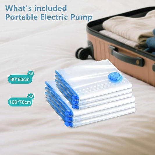 Vacuum Storage Bags with Electric Pump, Travel Vacuum Bags,Space Saver Vacuum Storage Bags,Vacuum Seal Bags for Clothes, Bedding,Blankets,Duvets, Pillows (6 Pack)