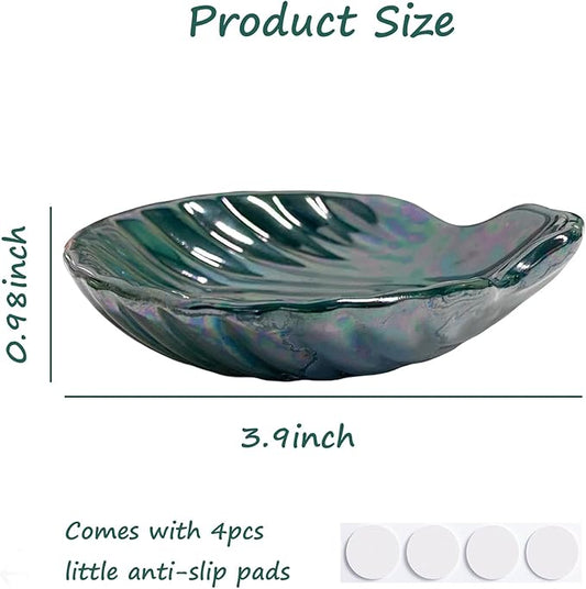 Seashell Trinket Tray, Ceramic Ring Holder Dish for Earrings Necklace, Shell Jewelry Dish Tray, Ocean Room Decor, Birthday Mother's Day Christmas Gift for Women, 3.9", Deep Teal Iridescent Surface