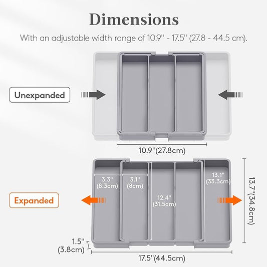 Lifewit Cooking Utensil Drawer Organizer, Expandable from 11 to 18 inches, Adjustable Cutlery Silverware Tray, Plastic Flatware Spatula Holder, Kitchen Tools Gadgets Storage Divider, Gray