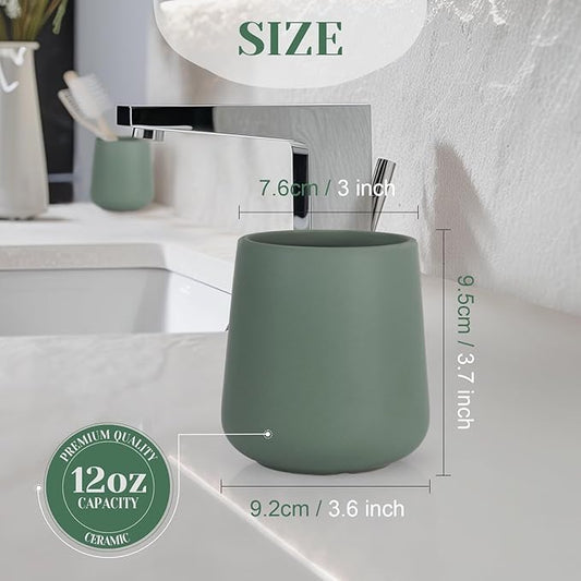 INGOFIN Ceramic Toothbrush Holder, 12 oz Bathroom Toothbrush Holder Ceramic Holder for Toothbrush, Toothpaste Holder and Cup, Matte Green