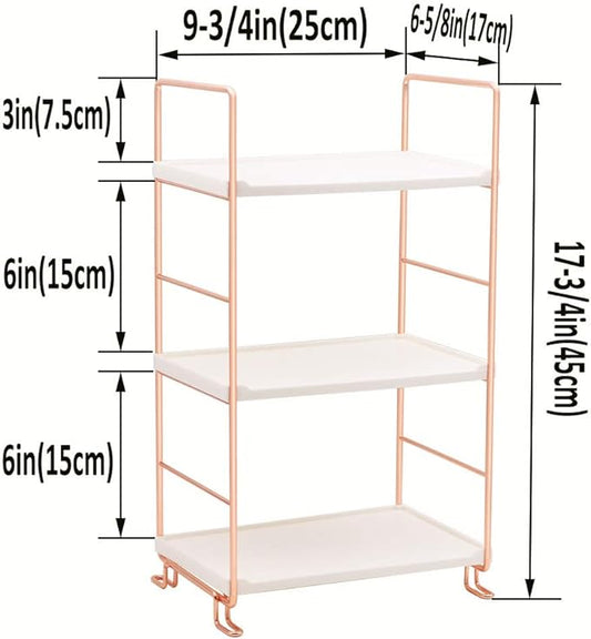 kaileyouxiangongsi Plastic/Metal Freestanding Stackable Organizer Shelf,Bathroom Countertop Storage Shelf Cosmetic Organizer Holder Kitchen Spice Rack,3-Tier Standing Rack (Rose Gold)