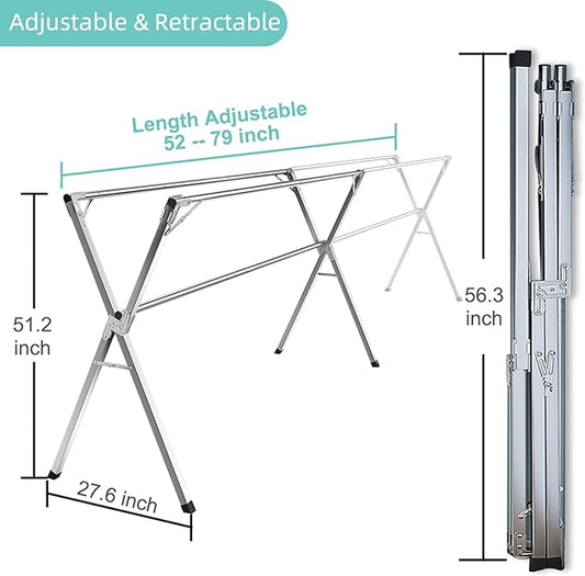 YACASA Clothes Drying Rack, 79 inch Heavy Duty Stainless Steel Laundry Drying Rack, Foldable &Length Adjustable Space Saving Garment Rack, with 20 Windproof Hooks.