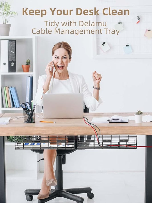 2 Pack DELAMU Under Desk Cable Management Tray, Large Metal Cord Organizer, Office & Home Cord Wire Management Under Desk Shelf, Easy Install Pre-drilled Cable Organizer, Black