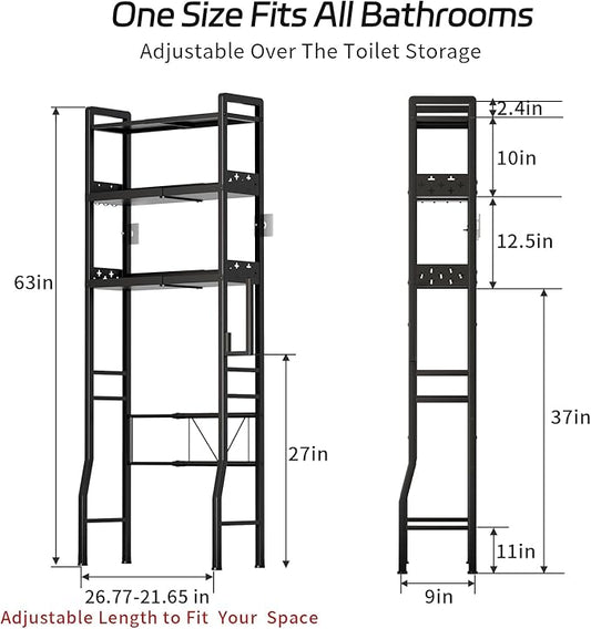 HEVONTIXAL Adjustable Over The Toilet Storage Shelf,3-Tier Metal Over Toilet Organizer with Toilet Paper Holder & Hooks,Space-Saving Option for Small Bathrooms, Black,(22 in- 27 in Wide)