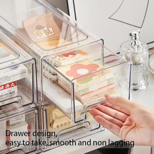 Sgoostood Pull Out Drawer Medicine Box for Safe Medication Storage, Large Refrigerator Storage Bin for Kitchen Food Safe, Tablet Box for Kids Home/Office Organize Ointments,2 Pack - Clear( Medium)