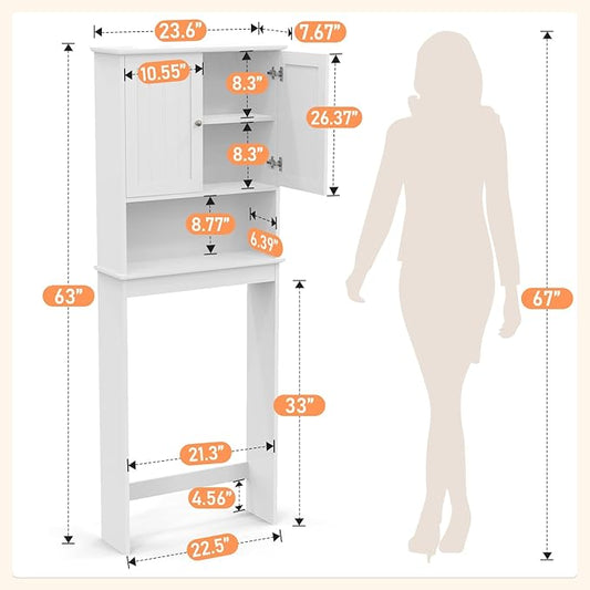 GORZING Over The Toilet Storage Cabinet, Behind Toilet Bathroom Organizer with Adjustable Shelves, Above Toilet Organizers with Barn Door, Space Saver for Restroom, Bathroom, Laundry
