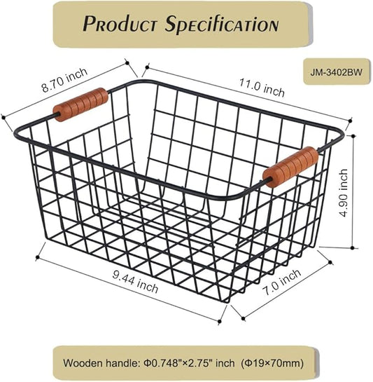 Wire Kitchen Storage Basket 2 Packs,Perfect Pantry Organization Accessories Baskets,Laundry Basket,With a Wooden handle,Suitable for Kitchen,Bathroom,Bedroom,Tabletop,Stackable,Black