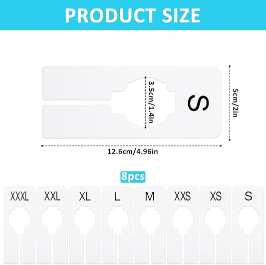 8 Pcs White Rectangular Size Separators Closet Dividers for Hanging Plastic Clothing Rack Dividers with Printed Sizes Clothing Rack Size Divider Reusable Closets Separators Label Preprinted in 8 Sizes