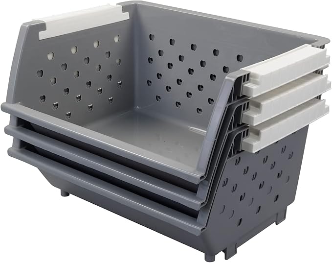 3 Pack Gray Large Stacking Basket Bin, Open Front Stackable Storage Baskets