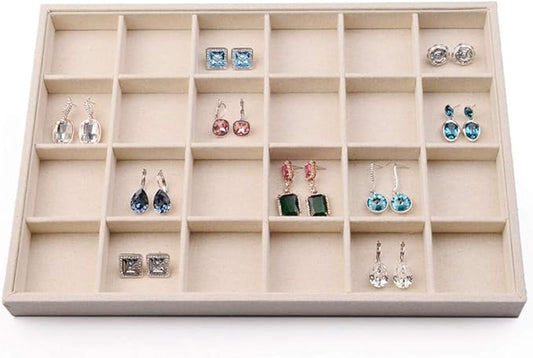 Oirlv Stackable Linen Jewelry Tray Adjustable 24 Grid Jewelry Storage Case for Drawer or Showcase