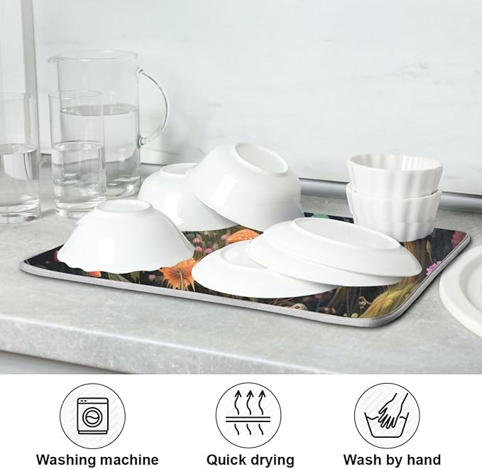 Beautiful Fairy Forest Owl Mushroom Flowers Butterfly Microfiber Dish Drying Kitchen Countertop Table Protector Multipurpose Counter Rack Sink Drainer Pad (16" x 18")