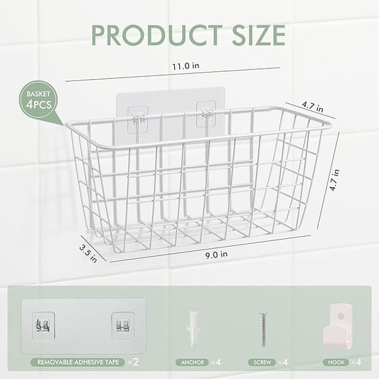Wire Hanging Wall Basket, 4 White Baskets Set Adhesive Wall Mount Organizer for Pantry Kitchen RV Bathroom Cabinet Storage Organization