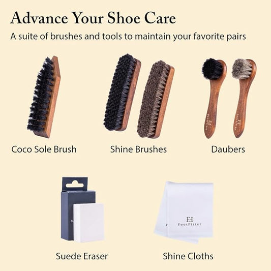 FootFitter Advanced Shoe Care Brush Set, Premium Horsehair Shine Brushes, Suede Eraser, Stiff Cleaning Brush & Shine Cloths for Polishing Leather & Suede Footwear (Made in Germany)