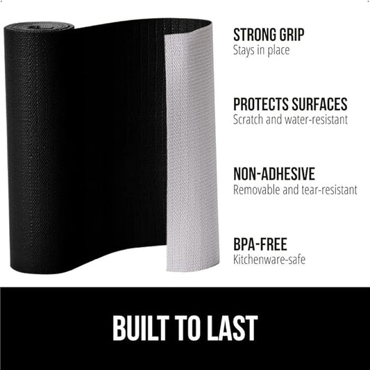 GORILLA GRIP DripGuard Shelf Liner, Non Adhesive Drawer and Kitchen Cabinet Protector, Slip Resistant BPA Free Smooth Surface Plastic Liners for Cabinets, Bathrooms, Closets, 17.5x240 Inch, Black