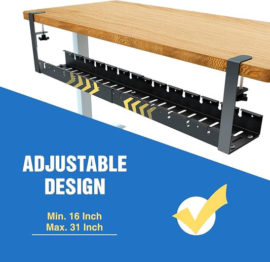 No Drilling Extendable Under Desk Cable Management, Metal Cable Management Tray Under Desk with Clamp, Retractable Power Strip Cord Holder for Wire Management 31Inch (2 Pack Extendable 31')