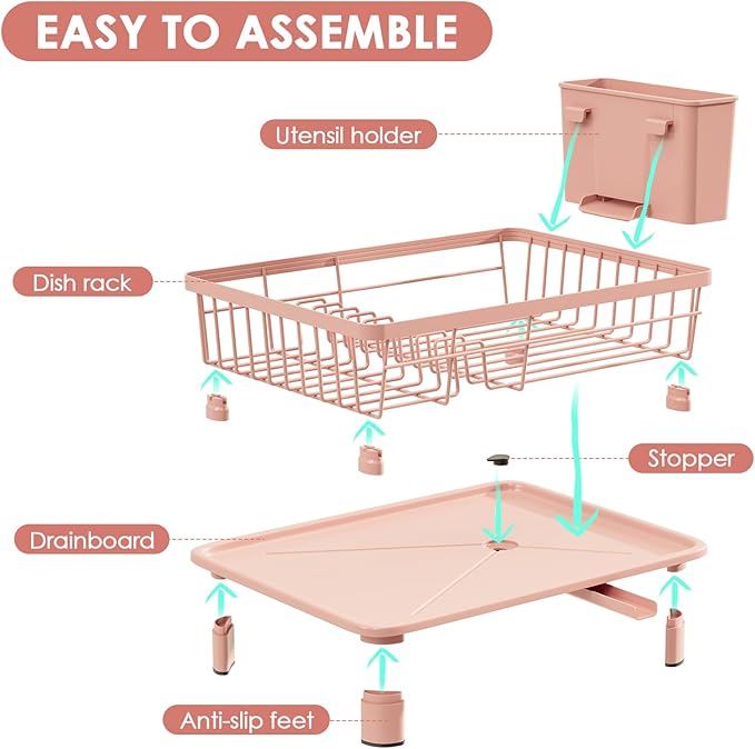 GAOKASE Dish Drying Rack, Space-Saving Dish Rack, Dish Racks for Kitchen Counter, Kitchen Dish Drainers with Removable Utensil Holder,Plate Rack and Drainboard, 11''W x 15''L, Pink
