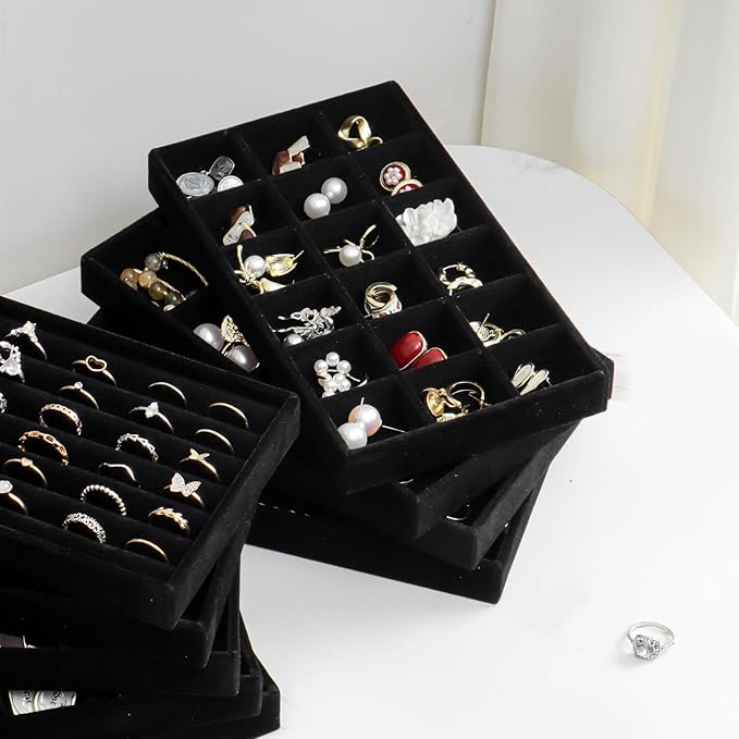 SPAKOWN Jewelry Organizer for Drawer Set of 9, Velvet Jewelry Tray Stackable Jewelry Organizer Display Trays Divided Earring Storage Containers (Black)