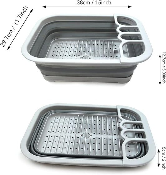 SAMMART Collapsible Dish Drainer with Drainer Board - Foldable Drying Rack Set - Portable Dinnerware Organizer - Space Saving Kitchen Storage Tray (1, Grey)