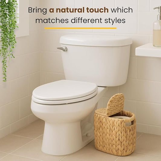 Toilet Paper Basket with Lid, Woven Natural Water Hyacinth Toilet Paper Storage, Papers Container for 4 Mega Rolls, Storage Holder with Built-in Handles, Slim Bathroom Stand Basket Organizer for Decor