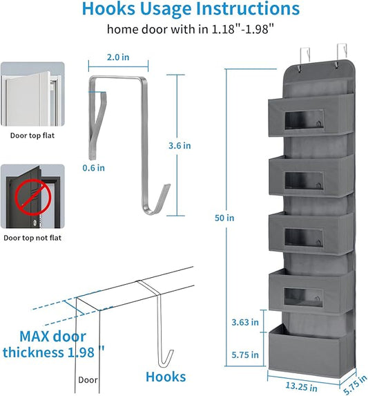 MAX Houser 5-Shelf Over The Door Hanging Organizer with 2 Metal Hooks,5 Pocket Over The Door Wall Mount Storage with Clear Windows for Baby Nursery Bathroom Closet,Bedroom,Dorm (Gray-2 Pack)