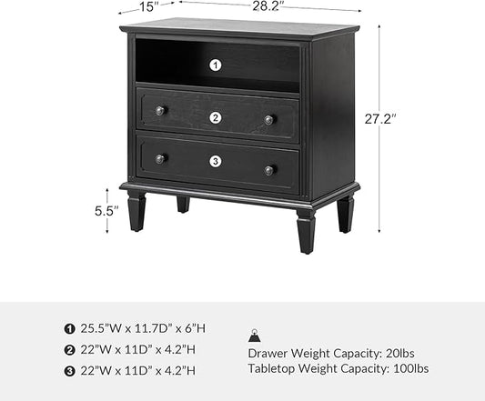 HULALA HOME Farmhouse End Table with Charging Station, End Table with USB Ports & Outlets, Fluted Pilasters Design Side Table with Open Space and 2 Drawers Dresser for Living Room, Black
