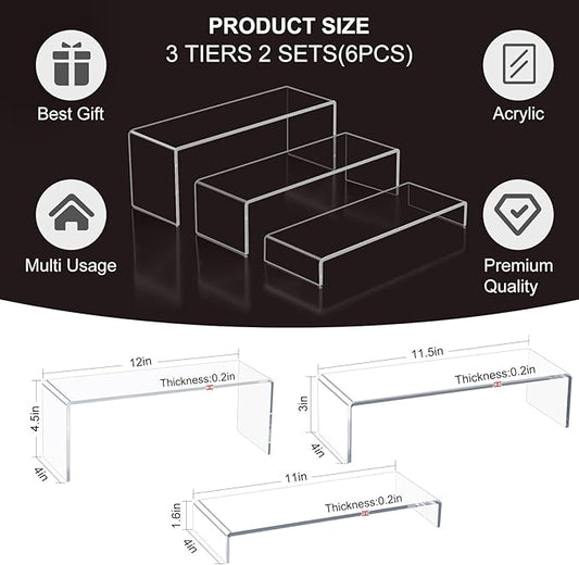 Acrylic Display Riser Stand,5mm Thickness,12'' Length Tier Display Stands, Thickened to 0.2''(5mm) Acrylic Shelf Risers for Perfume Display,Risers for Buffet Table,Cupcake Stand,Pop Figurines,Tumbler,Food,6Pcs