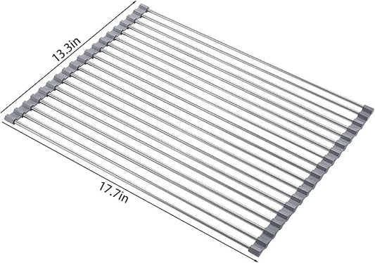 Roll up Over The Sink Dish Drying Rack Roll up Sink Racks Stainless Still Kitchen Rolling Dish Drainer Foldable Dishes Racks for Kitchen Sinks Counter (17.7''X13.3'')