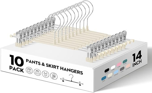 HWAJAN 10PACK 14Inch Pants Hangers with Clips Adjustable Skirt Hangers for Women Metal Non-Slip Trousers Hanger Heavy Duty Space Saving Clothes Hanger for Shorts,Jeans,Lvory