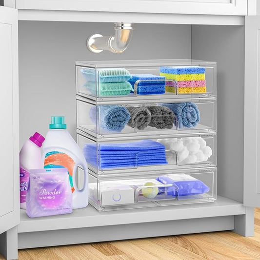 Sorbus Acrylic Storage Containers - 4 Pack, Stackable Storage Bins Set for Bathroom Organization - Clear Acrylic Drawer Organizers - Makeup Case Pull-Out Drawers (12.1’’ Wide)