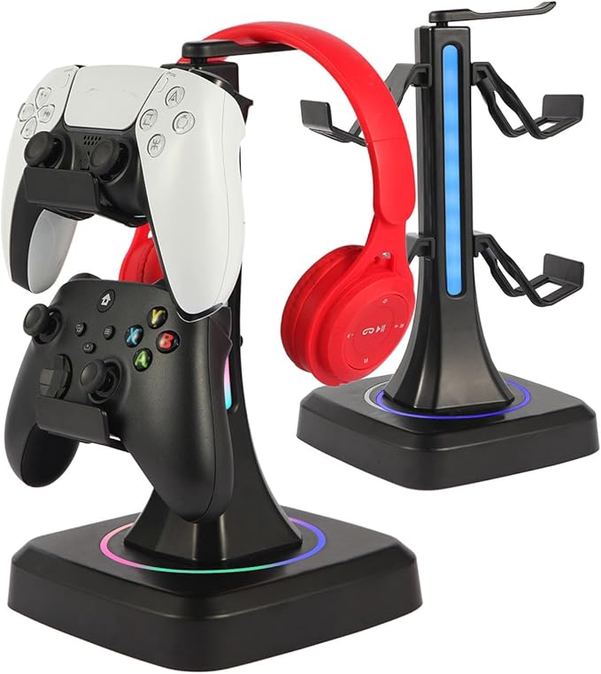 Controller Headset Stand with 10 Color Light Modes - RGB Headphone Holder for PS5, Xbox, Switch - Gaming Room Decor, Desk Organizer for Gamers